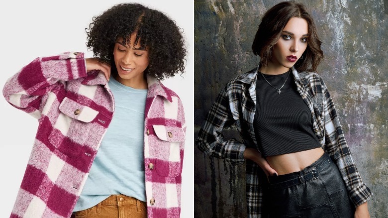 Target model wears pink plaid shacket split image with '90s grunge aesthetic