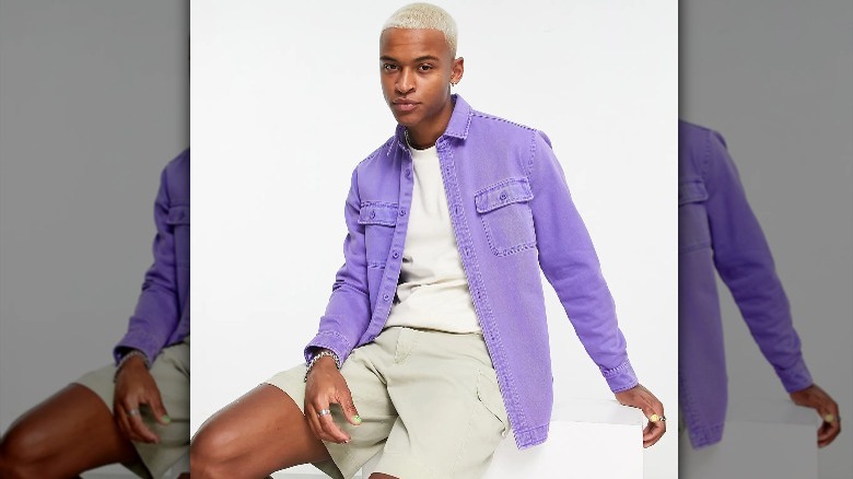 Norstrom model wears asos purple denim overshirt 