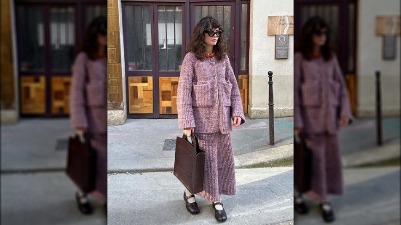 woman in matching knit skirt and shirt