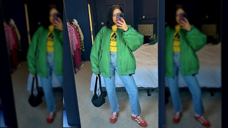 woman's mirror selfie in colorful outfit