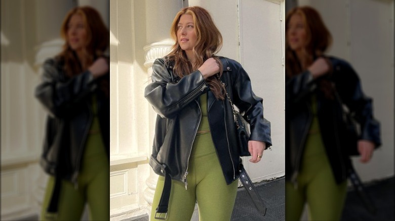 girl in leather jacket and workout set