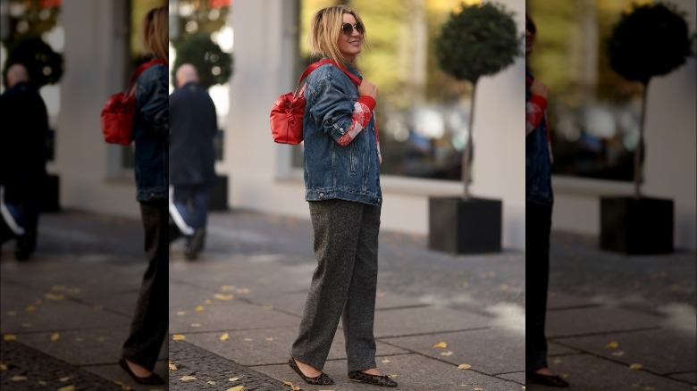 tweed slacks styled with leopard flats