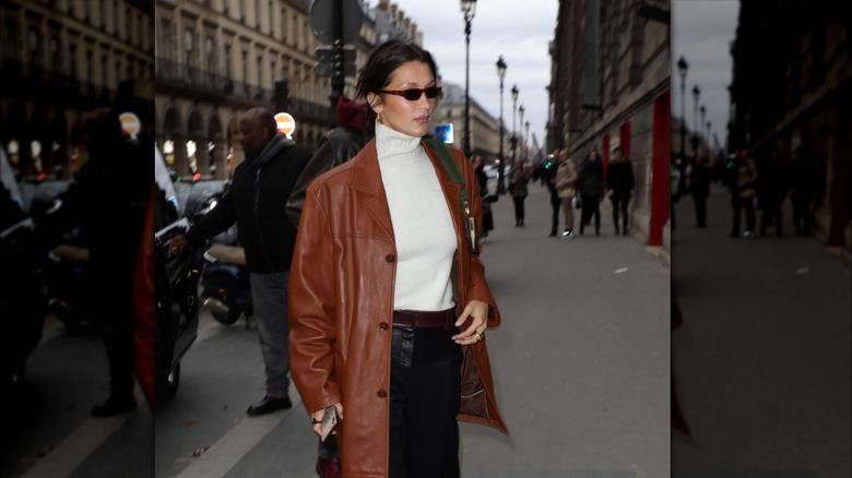 Bella Hadid in brown leather