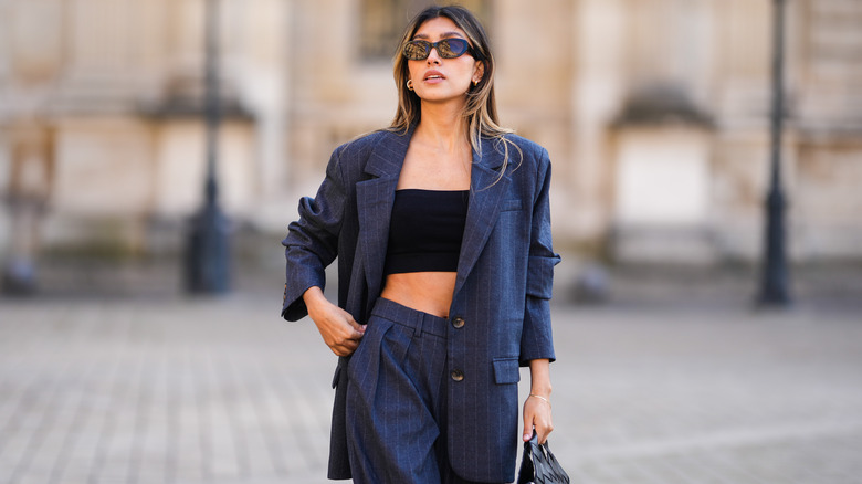 black tube top, oversized blazer