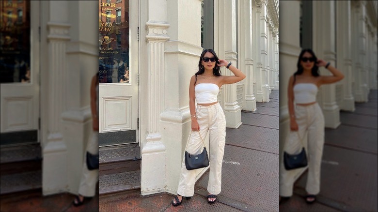 white tube top, cream pants