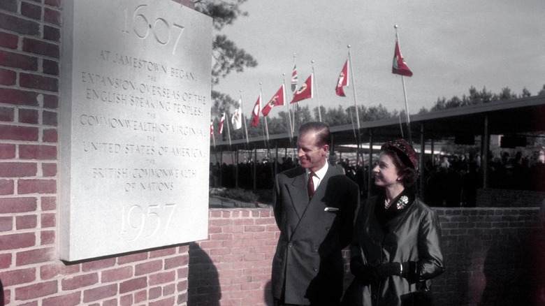 Queen Elizabeth and Prince Philip at the 350th Jamestown anniversary plaque