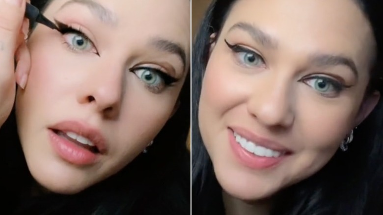 Jess Adams doing the TikTok eyeliner challenge with eyehadow