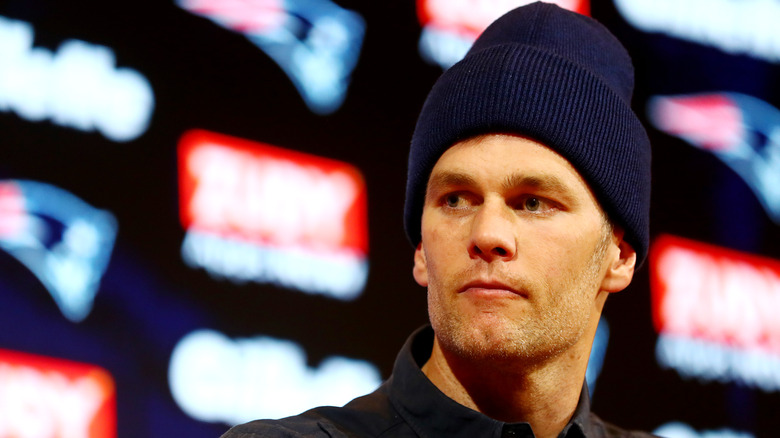 Tom Brady wearing a blue beanie