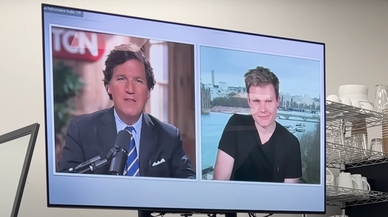 A TV featuring a split image of Tucker Carlson and Archie Manners 