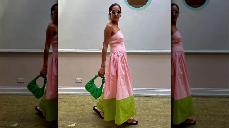 woman wearing pink strapless dress