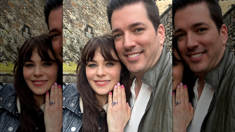 Zooey Deschanel and Jonathan Scott showing engagement ring