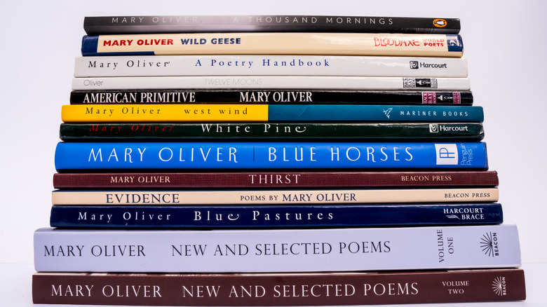 stack of Mary Oliver poetry books