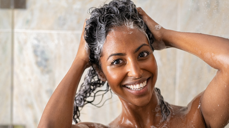 black woman washing hair