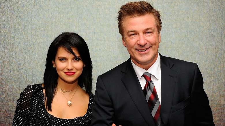 Alec Baldwin and Hilaria Baldwin with her engagement ring showing