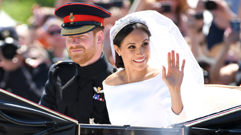 Prince Harry and Meghan Markle in carriage on wedding day