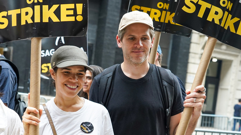 America Ferrera and Ryan Piers Williams at the SAG-AFTRA strike