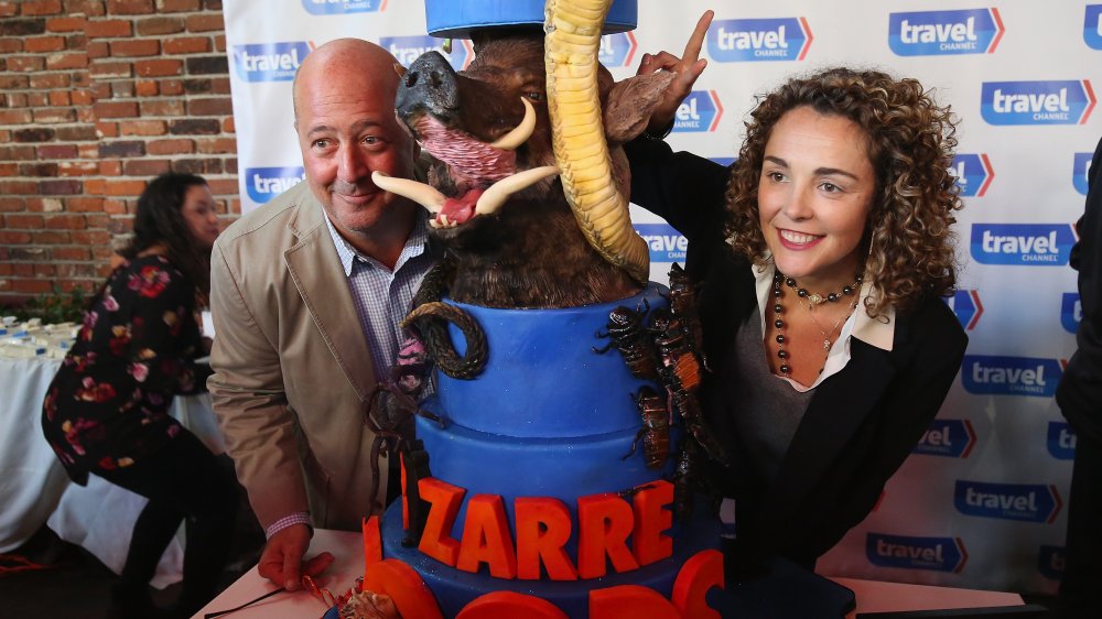 Rishia Haas and Andrew Zimmern with Bizarre Foods