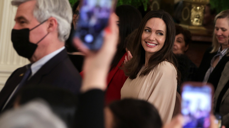Angelina Jolie smiling on red carpet among fans