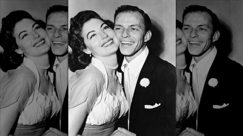 Ava Gardner and Frank Sinatra pressing their cheeks together