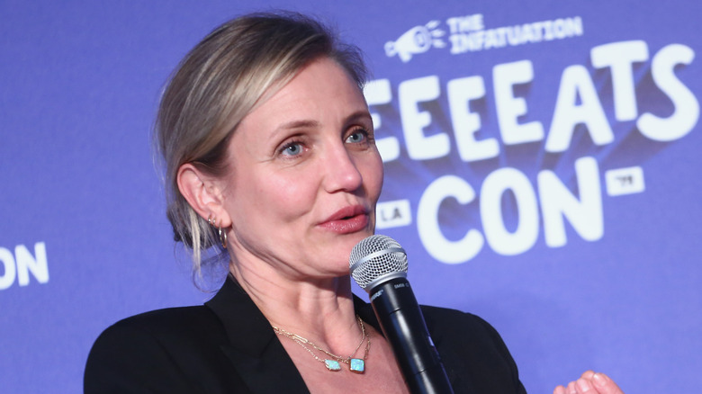 Cameron Diaz speaking into a mic