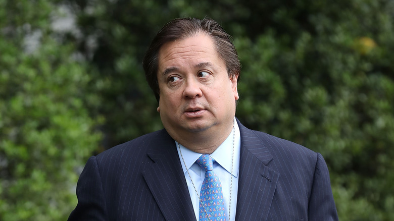 George Conway stands in front of a green bush giving side eye