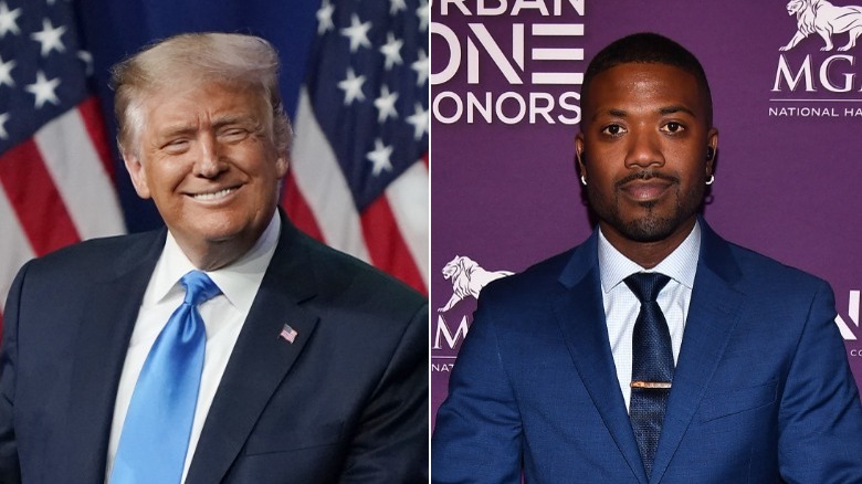 Donald Trump speaks onstage, Ray J poses on the red carpet