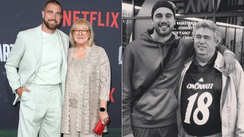 Split image of Travis Kelce with his mom and dad