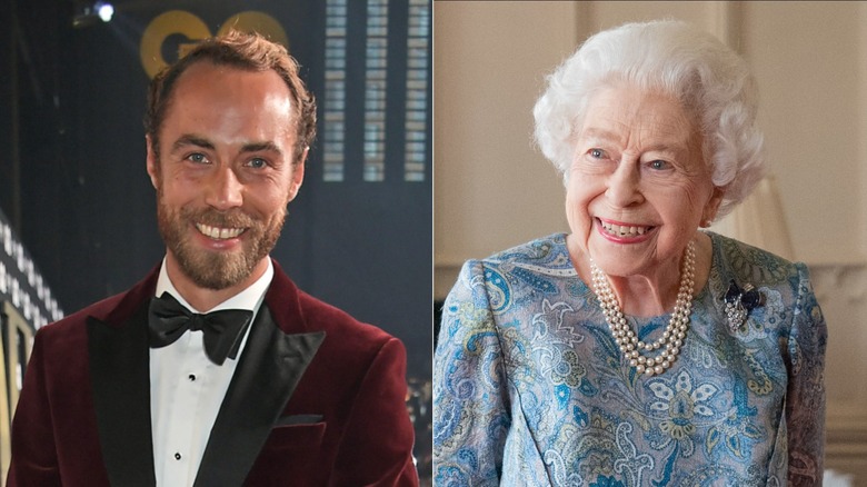 James Middleton smiling & Queen Elizabeth II smiling