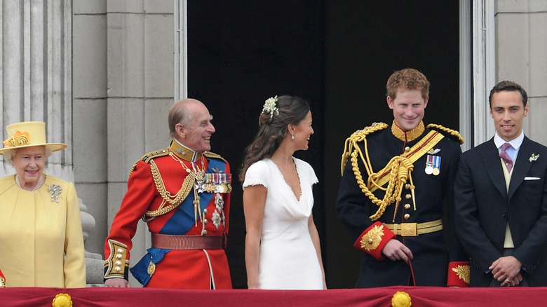 Queen Elizabeth II, Prince Philip, Pippa Middleton, Prince Harry, James Middleton smiling