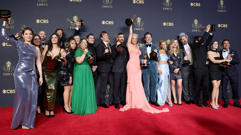 The cast and crew of "Ted Lasso" celebrating their Emmy wins