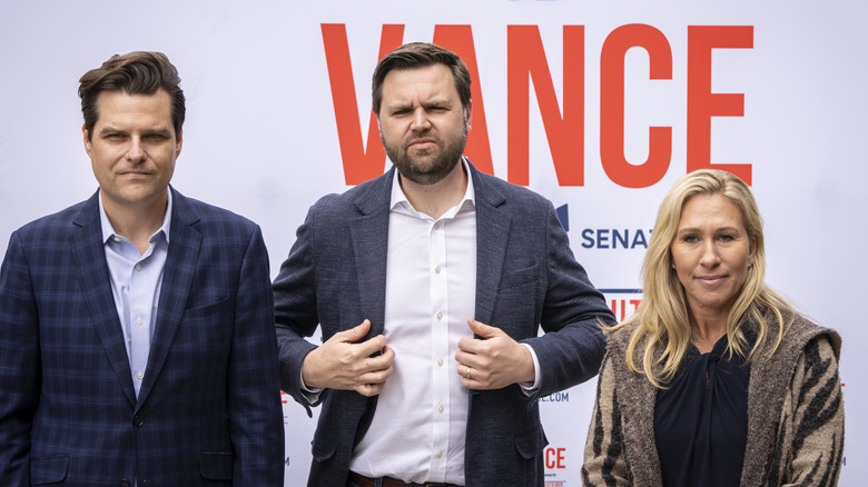 J.D Vance and Marjorie Taylor Greene posing for a picture