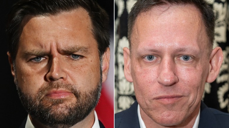 Split image of JD Vance and Peter Thiel scowling