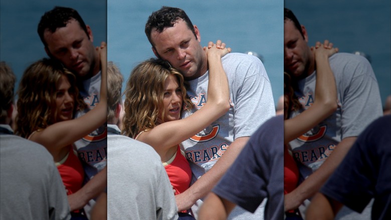 Jennifer Aniston and Vince Vaughn embrace on June 21, 2005 in Chicago, Illinois