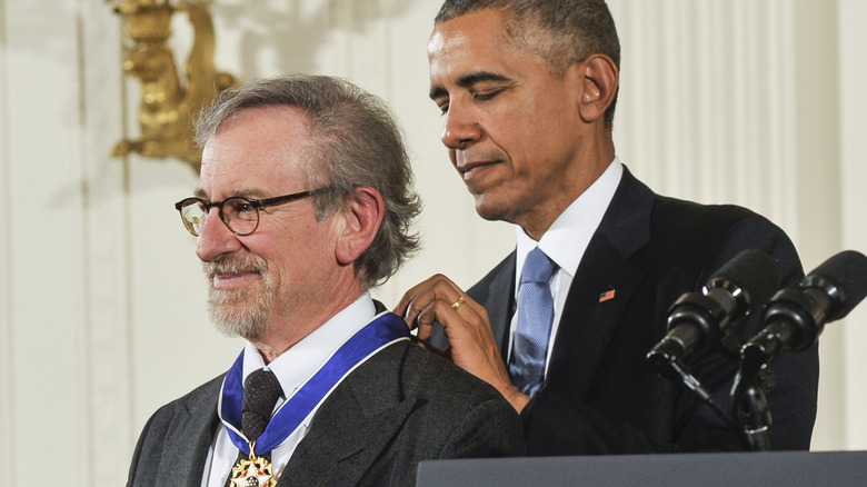 Barack Obama giving Steven Spielberg his medal of honor