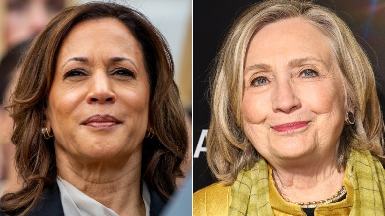 Split image of Kamala Harris and Hillary Clinton