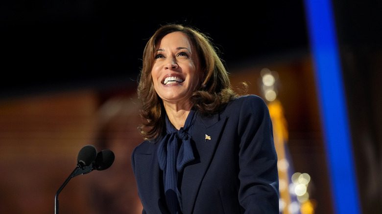 Kamala Harris smiling at the crowd