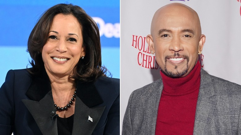 A split image of Kamala Harris and Montel Williams