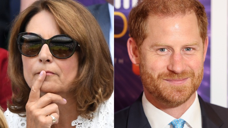 A split image of Carole Middleton and Prince Harry