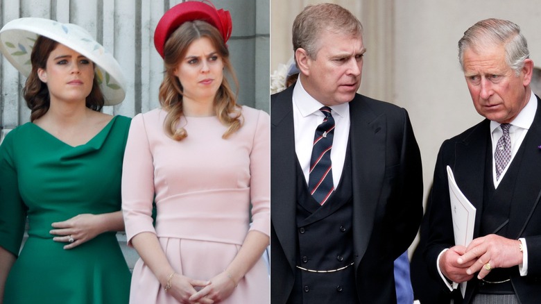 split photo of Princesses Beatrice and Eugenie and King Charles with Prince Andrew