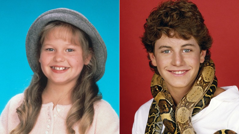 Young Candace Cameron and Kirk Cameron posing for photos in split image