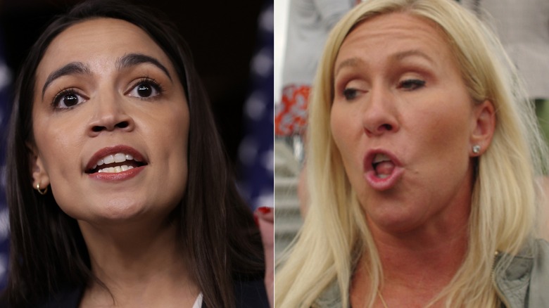 Split image of Alexandria Ocasio-Cortez and Marjorie Taylor Greene speaking