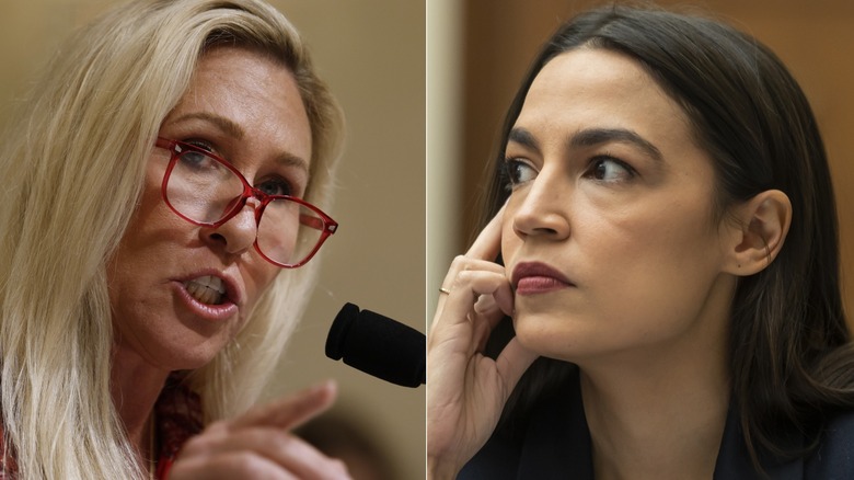 Split image of Marjorie Taylor Greene and Alexandria Ocasio-Cortez looking serious