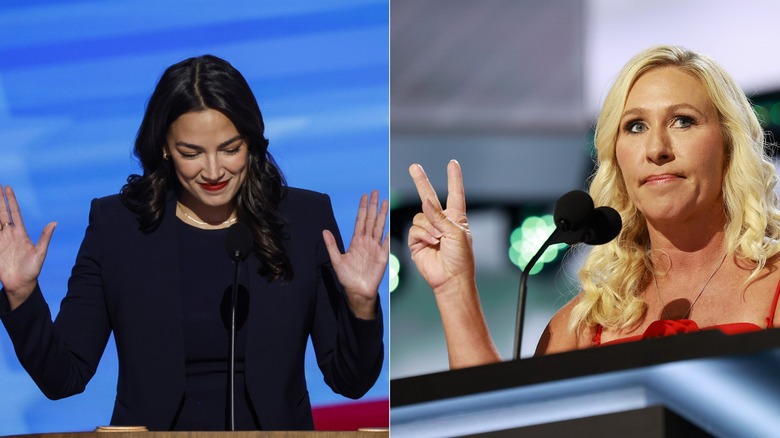 Split image Alexandria Ocasio-Cortez raising her hands while Marjorie Taylor Greene shows a peace sign