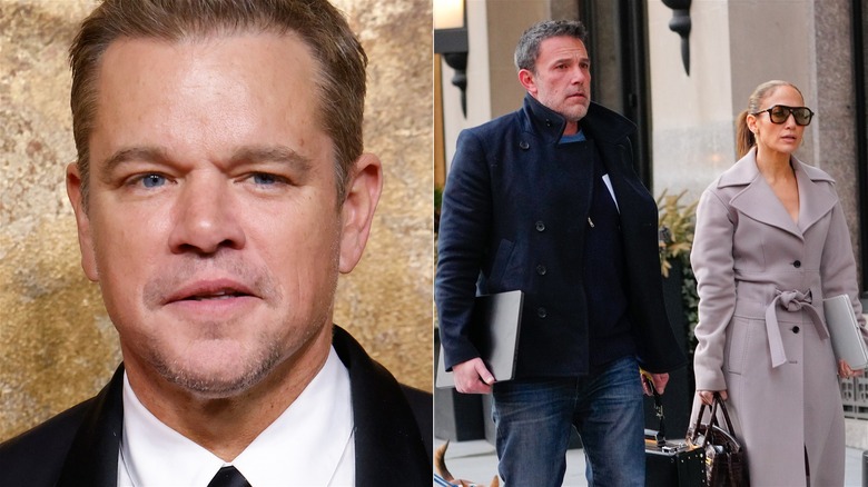 A split image of Matt Damon and both Ben Affleck and Jennifer Lopez