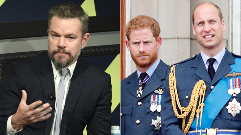 Matt Damon is sitting down, while Prince Harry and Prince William are standing