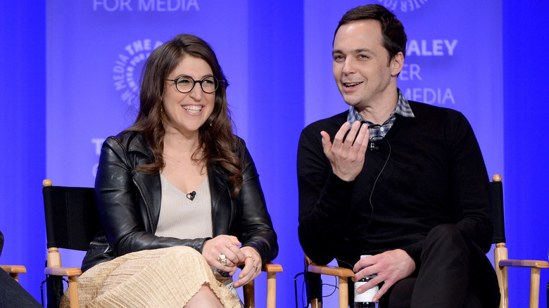 Mayim Bialik and Jim Parsons on a panel