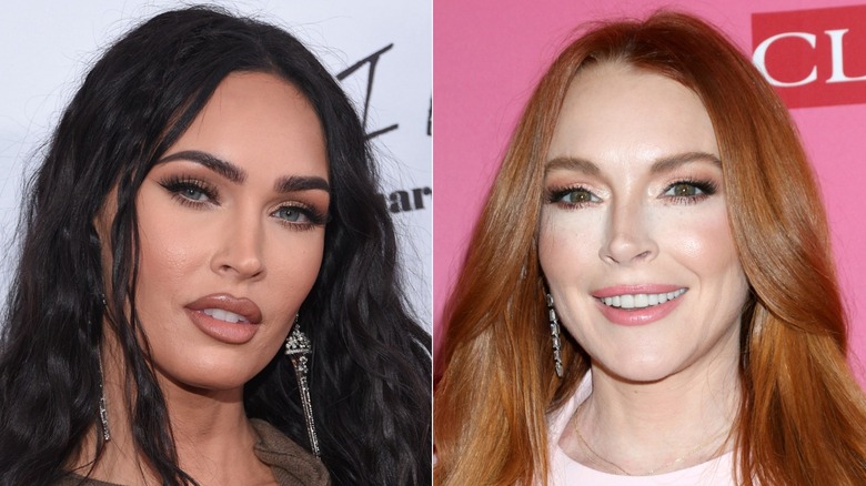 Split image of Meghan Fox and Lindsay Lohan posing at events