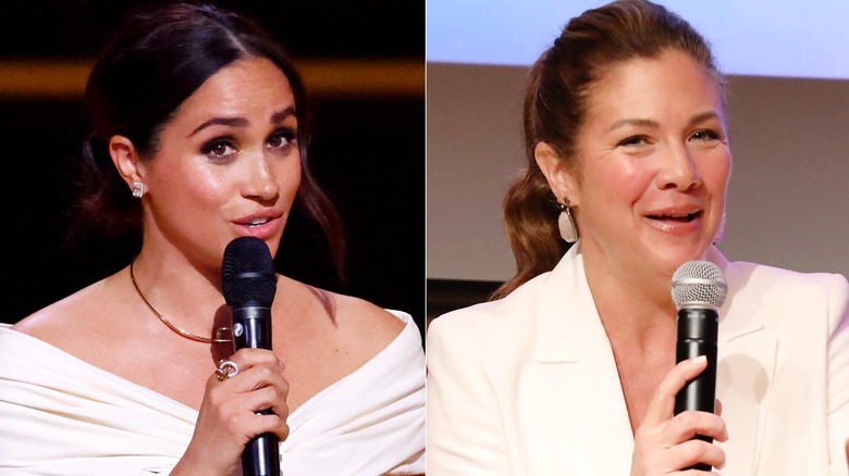 Split image of Meghan Markle & Sophie Trudeau speaking into mic