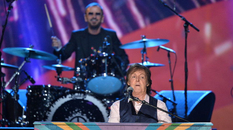 Ringo Starr drums for Paul McCartney on stage