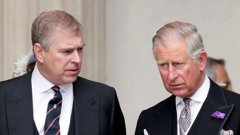 Prince Andrew and Prince Charles standing